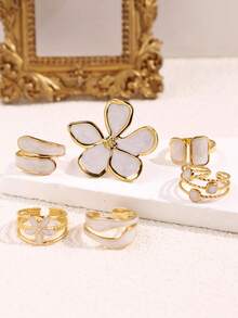 6pcs/Set Vintage Unique Delicate Luxurious Elegant Versatile Creative Asymmetrical Geometric White Enamel Flower Ring Set, Suitable For Daily Wear, Festivals, Parties, Gift For Mom, Wife - Multicolor - View 6