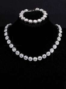 2pcs/Set HIP HOP Men's Chain Shape Inlaid Rhinestone Bracelet Necklace Miami Daily Necklace Party Accessories Perfect Jewelry - Silver - View 8