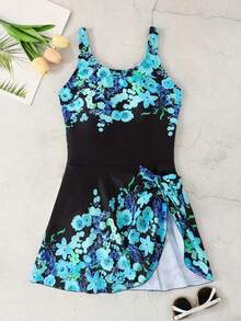 Áo tắm liền thân họa tiết hoa thanh lịch với chân váy định hình vòng eo và mút đệm có thể tháo rời - Chất liệu co giãn cao, cổ vuông, họa tiết hoa màu xanh trên nền đen, chi tiết xoắn, đồ bơi nữ, phụ kiện cần thiết cho bãi biển | Áo tắm thanh lịch | Vải mềm mại, thích hợp cho kỳ nghỉ hè - Nhiều màu - Xem 3