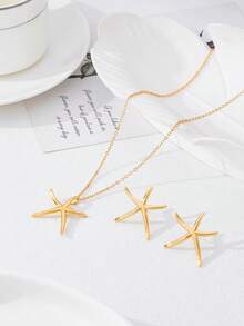 2件套时尚简约海星项链耳环套装，适合女性海滩度假佩戴 - 金黃色 - 查看 4