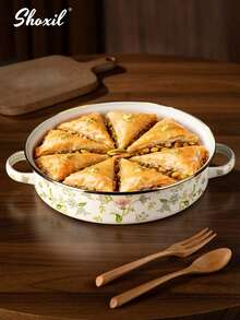 shoxil 1pc Multi-Functional 11-Inch Extra-Thick Enamel Pan, Frying Pan With Double Handles And Lid, Baking Pan, Serving Tray, Suitable For Kitchen Use, Guest Serving, Afternoon Tea And Camping - Tray - View 3