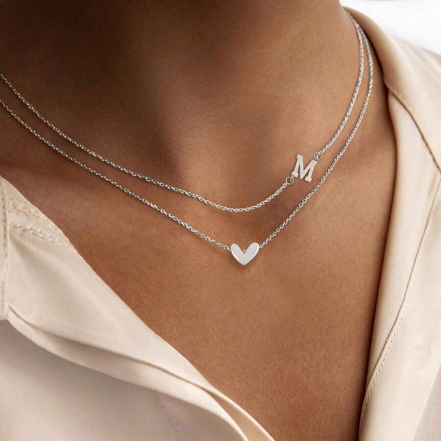 2pcs/Set Kalung Bertingkat Liontin Hati & Huruf Stainless Steel untuk Wanita - Perak - View 1