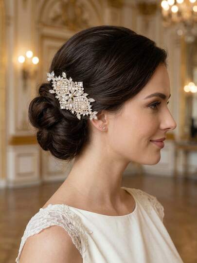 1pc Elegant Rhinestone & Faux Pearl Decor Floral Hair Comb, Vintage Bridal Hair Accessory For Wedding Party,Sparkly Rhinestone Floral Hair Comb Bridal Headpiece For Wedding Banquet Prom Bride Bridesmaid