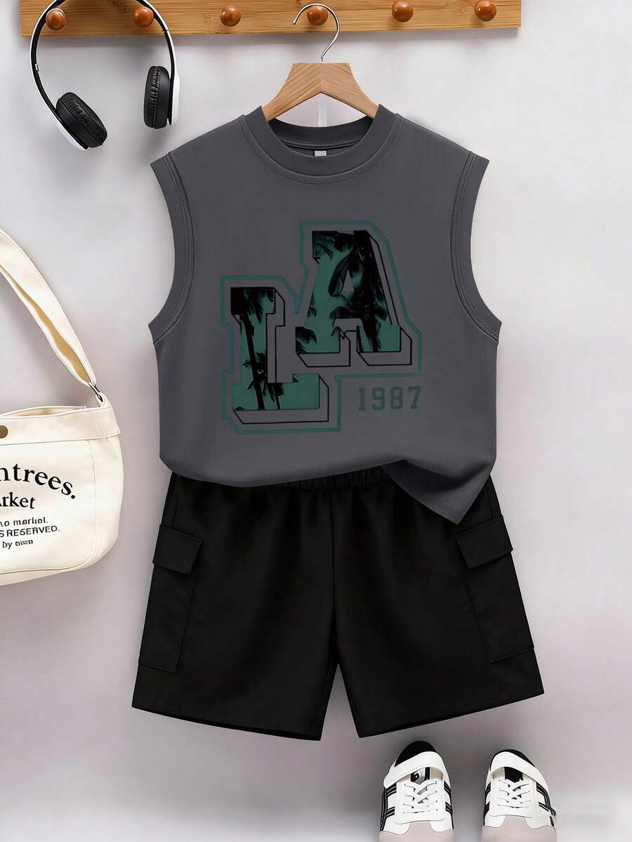 Teenager Boys' Casual "LA" Letter & 1987 Number Graphic Sleeveless Tank Top + Cargo Pants Spring/Summer Comfortable New Set - Dark Grey - View 1