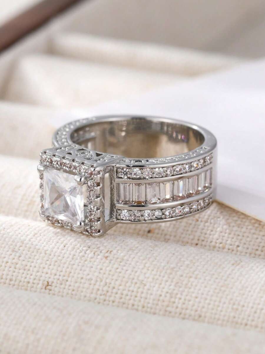 闪亮光环戒指，镶嵌方形切割合成立方氧化锆，优雅订婚戒指，适合女性和女孩，情人节珠宝 - 銀色 - 查看 1