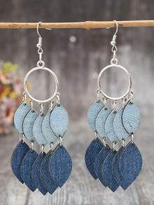 复古牛仔渐变蓝色流苏叶子耳环，波西米亚风长耳环 - 彩色 - 查看 9