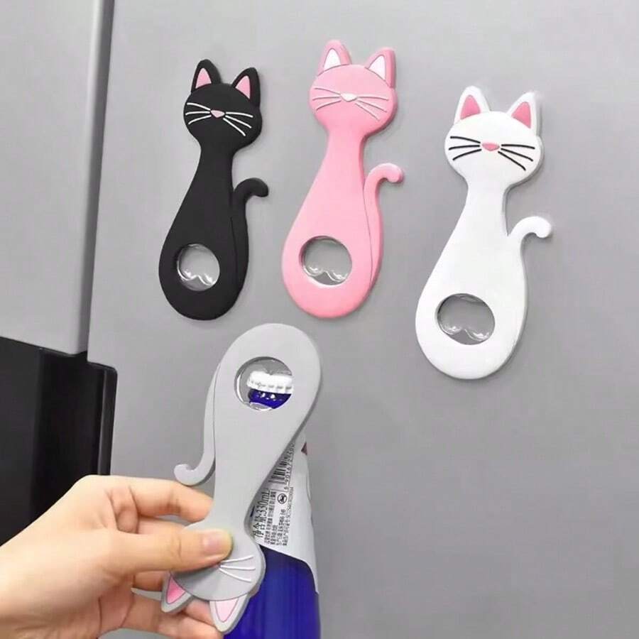 Ouvre-bouteille aimant de réfrigérateur en forme de chat rose, cadeau de mariage décoration de la maison ; Aimant de réfrigérateur en forme de chat noir, autocollant magnétique créatif - Multicolore - Voir 1