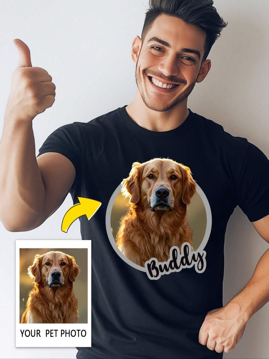 Custom Pet Photo & Name Personalized T-Shirt - 100% Cotton Casual Short Sleeve Round Neck Tee With Digital Print, Funny Gift For Cat Mom Dad Dog Lovers, Machine Washable Apparel, Custom Pet Apparel | Casual Style | Digital Print Tee, Custom T Shirt - Black - View 1