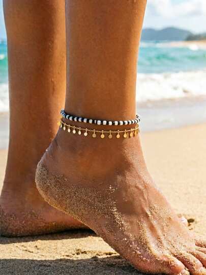 2pcs/Set Boho Beaded & Gold Disc Charm Layered Anklets For Women, Summer Beach Jewelry