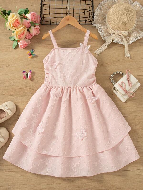 Girls' Casual Solid Color Sleeveless Knee-Length Dress With Layered Ruffle Hem And Butterfly Decor, Suitable For Spring/Summer