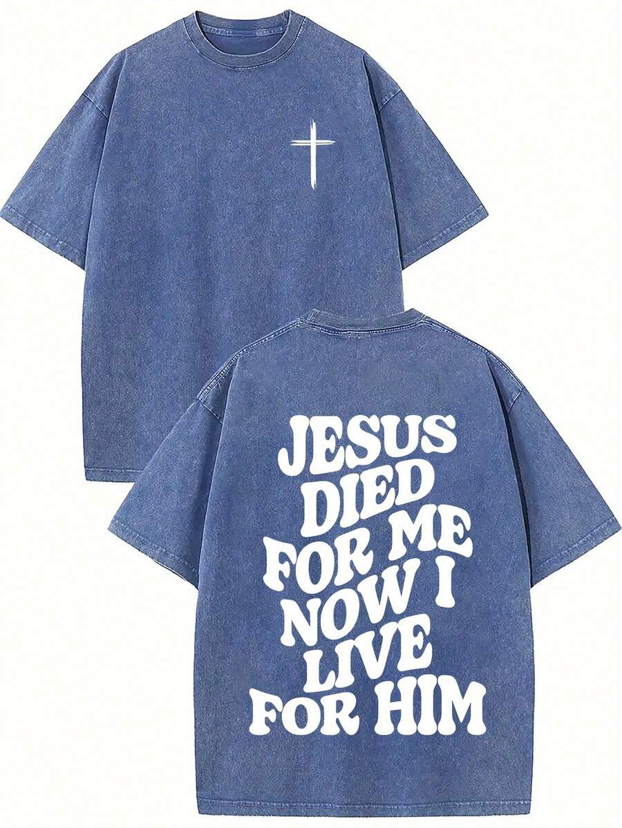1 Piece 230G Retro T-Shirt For Unisex, JESUS DIED FOR ME NOW I LIVE FOR HIM Print Oversized Cotton Solid Drop Shoulder T Shirts For Men Vintage Streetwear Basic Tees Baggy Hip Hop Unisex Tops Acid Wash T ShirtRound Neck Loose Fit T-Shirt - 寶藍色 - 查看 1