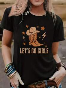 LETIS GO Letters And Western Cowboy Boots Print T-Shirt, Casual Crew Neck Short Sleeve Comfort Tee Top For Spring & Summer, Women'S Clothing - Black - View 1