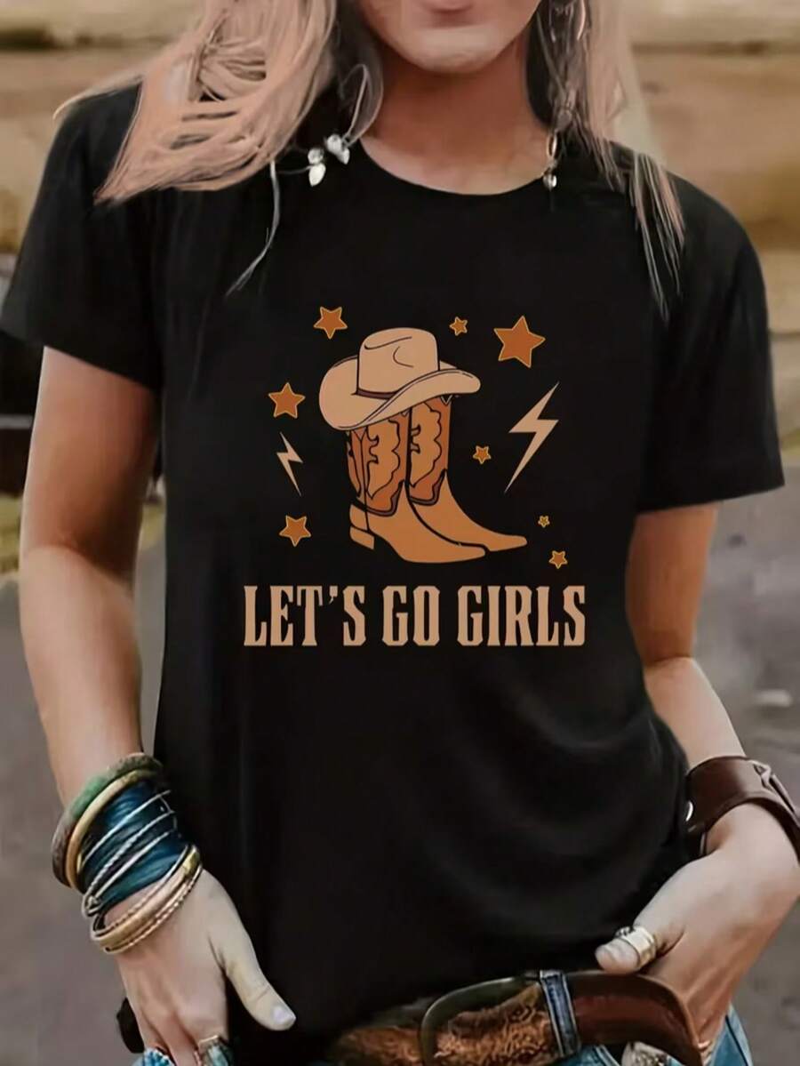 LETIS GO Letters And Western Cowboy Boots Print T-Shirt, Casual Crew Neck Short Sleeve Comfort Tee Top For Spring & Summer, Women'S Clothing - Black - View 1