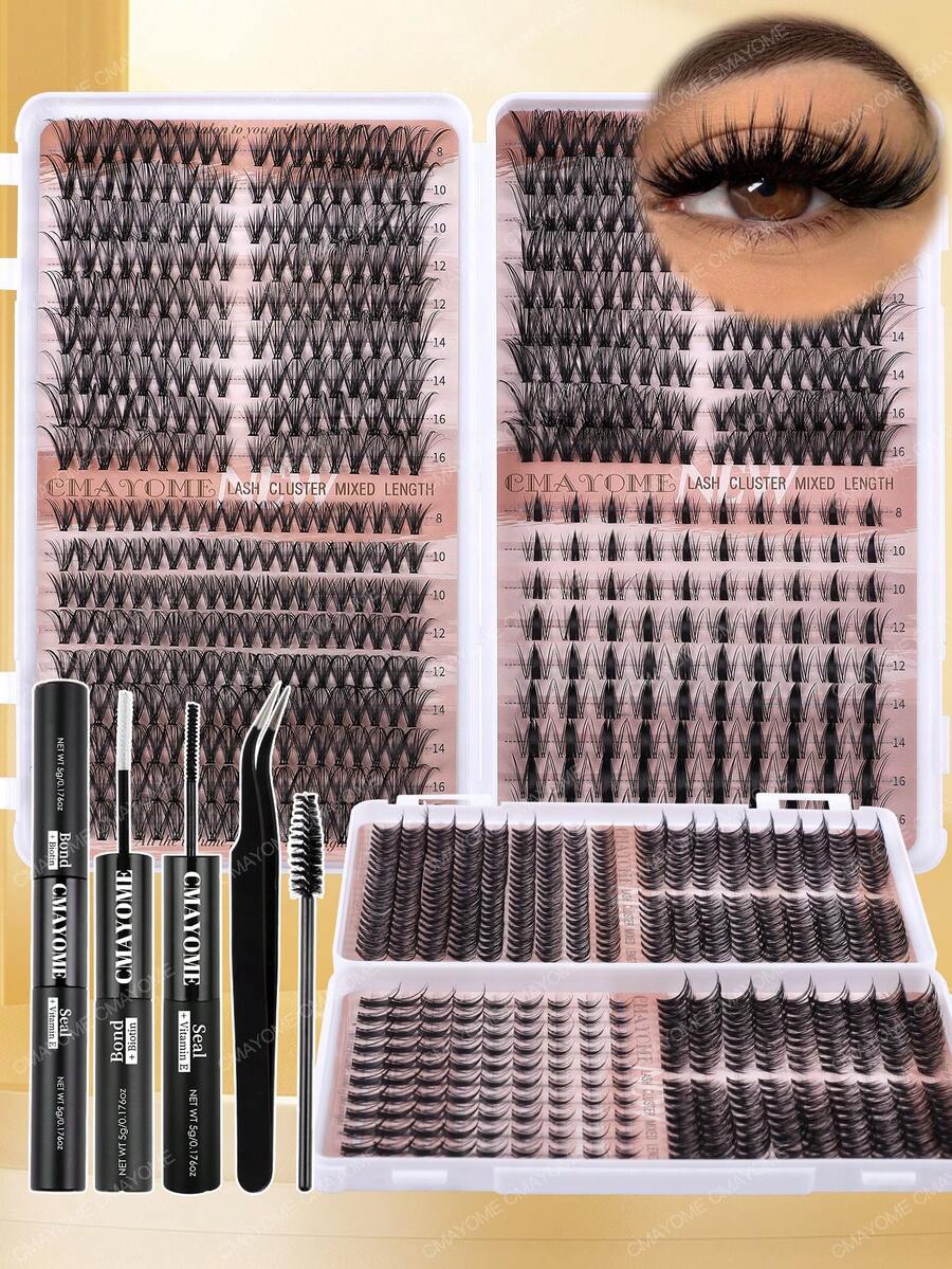 一套大容量单簇DIY假睫毛，长度从10毫米到16毫米不等，卷度从自然C型到浓密D型，10D/20D自然纤细款和80D/100D浓密花瓣型假睫毛，适合各种妆容风格。白色睫毛册，附赠黑白两色胶水可选。可作为礼物送给朋友/爱人/亲戚。漫画风假睫毛/动漫风假睫毛/带刺假睫毛。