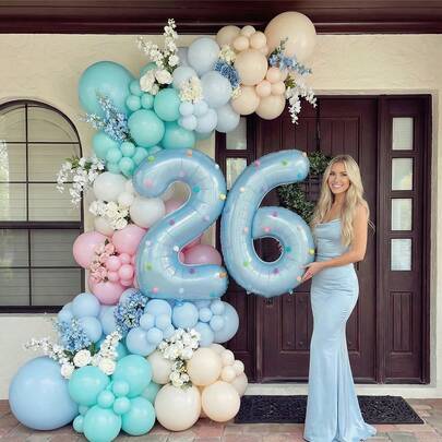 3pcs 32-Inch Light Blue Number Foil Balloons With Colorful Pom Poms, Suitable For Birthday Party Decor, Wedding, Baby Shower