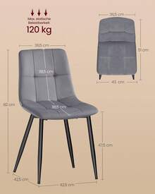 VASAGLE Esszimmerstühle Samt, Küchenstühle bis 120 kg belastbar, Sessel mit verstellbaren Füßen, modern, gepolstert, für Wohnzimmer, 4er Set, tintenschwarz KDC080BH01 OCZ2 - schiefergrau - Übersicht 3