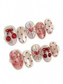 10pcs It's Named Star Cherry Heart Sequence. This Manicure Showcases Seamless Shimmering Textures, With Cherry And Star Details Popping Against The Soft Base Like A Cherry Wrapped In Starlight. The Tiny Heart And Heartburst Accents Add A Touch Of Playful Luxury, Creating A Dreamy, Sophisticated Look - Multicolor - View 2