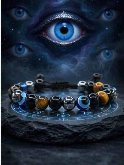 四层防护手链，虎眼石、赤铁矿、黑曜石串珠手链，水晶饰品，男女通用