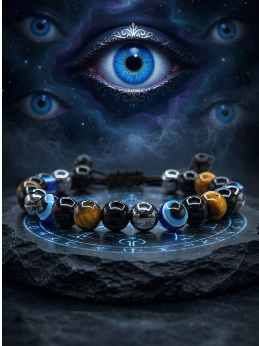 四层防护手链，虎眼石、赤铁矿、黑曜石串珠手链，水晶饰品，男女通用 - 彩色 - 查看 1