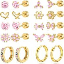 10对装低过敏性平底耳环，镀金镀银医用钢材质，小巧耳钉/耳环，蝴蝶结/花朵/爱心/蝴蝶结/粉色锆石叠戴耳骨耳环套装，20G，10毫米 - 金色 - 查看 1