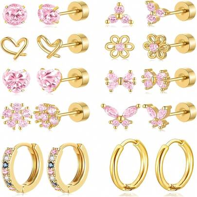 10对装低过敏性平底耳环，镀金镀银医用钢材质，小巧耳钉/耳环，蝴蝶结/花朵/爱心/蝴蝶结/粉色锆石叠戴耳骨耳环套装，20G，10毫米