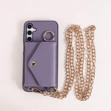 1pc Elegant Litchi Grain PU Leather Flip Cover Wallet Phone Case With Card Slots, Crossbody Strap, Ring Holder & Mirror, Compatible With Samsung Galaxy S26, S25 Edge, S24, S23, S22, S21, S20 FE, Note 20 Ultra, A17, A16, A15, A07, A52, A53, A54, A25 5G - Purple - View 9