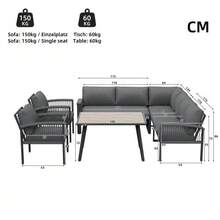Garden Set, Furniture For 8 People, Rope Frame, Large Wood-Look Table, Galvanized Iron Frame, Adjustable Feet, Seat And Back Cushions Included, Grey - C - View 7
