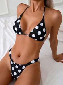 Retro Polka Dot Halter Tie Back Crop Top And High Waisted Bikini Set, Flattering, Breathable And Skin-Friendly For Beach, Vacation And Photo Shooting Summer - Multicolor - View 2