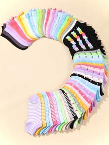 30双儿童短袜：糖果色、蕾丝蝴蝶结、爱心图案、条纹，柔软舒适，休闲百搭，学生袜 - 适合日常穿着，颜色随机混装 - 彩色 - 查看 9