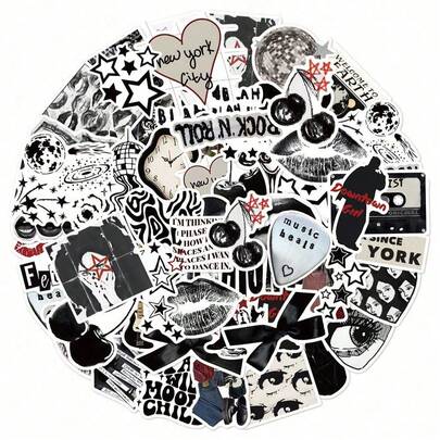 50pcs/Set Y2K Downtown Girls Black & White Stickers, High-Quality Minimalist Stickers For DIY Decoration On Christmas, New Year, Stationery, Books, Cups, Phone Cases, Luggage, Guitars, Helmets, With Inspirational Quotes, Vibrant Colors, Suitable For Water Bottles, Skateboards, Diaries, Scrapbooks, Party Supplies, Graffiti Style, Durable And Fun Stickers