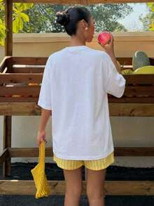 Oversized Cream Yellow Polka Dot Cherry Print Letter Graphic Round Neck Short Sleeve Loose T-Shirt, Suitable For Vacation, Holidays, Parties, Music Festivals, Matches, Summer New Arrival, Vacation Outfit - White - View 4