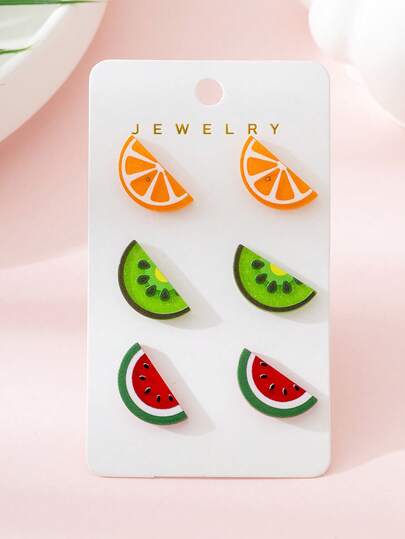 3 Pairs/Set Summer Fruit Orange Kiwi Watermelon Design Fashion Jewelry Earrings, Perfect Decoration For Beach Vacation