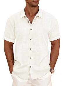 Linen Blend Shirts For Men Casual Short Sleeve Button Down Shirt Cool Summer Beach Wedding Vacation Tops - trắng - Xem 1