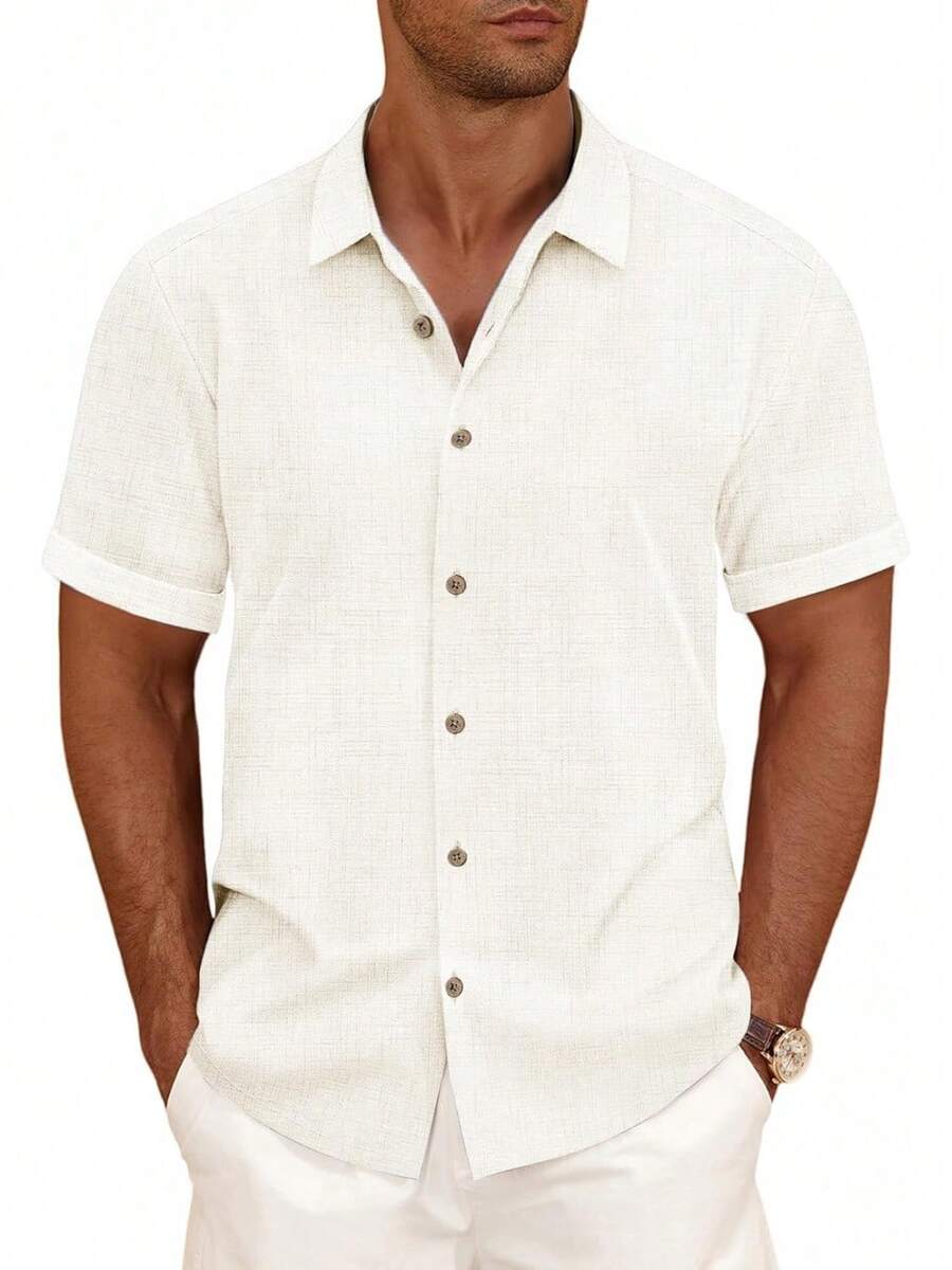 Linen Blend Shirts For Men Casual Short Sleeve Button Down Shirt Cool Summer Beach Wedding Vacation Tops - trắng - Xem 1