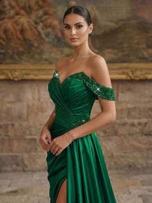 Sleeveless Woven Fabric Off-Shoulder Mermaid Formal Dress With Ruched Wrap-Around Long Gown - Green - View 1