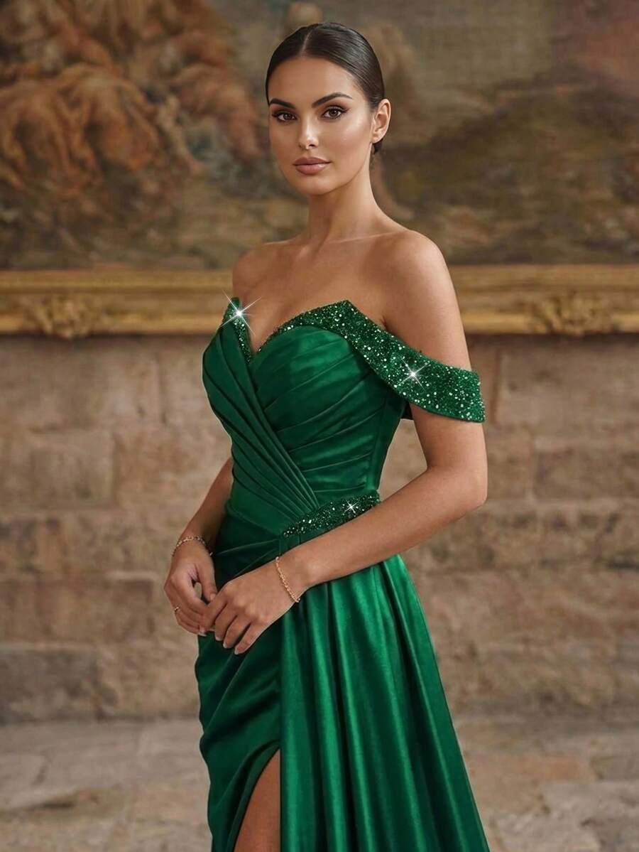 Sleeveless Woven Fabric Off-Shoulder Mermaid Formal Dress With Ruched Wrap-Around Long Gown - Green - View 1