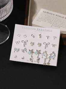 11 Pairs Cat's Eye Stud Earrings Set With Shallow-Colored Bow, Glitter Pink Earrings, Zinc Alloy Rhinestone Earrings, Fashionable & Suitable For Daily Wear, A Gift For Girlfriend - Hồng - Xem 5