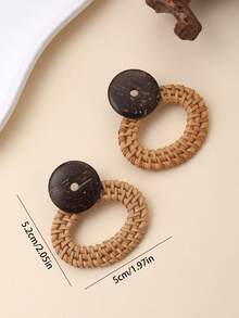 1 Pair Handmade Woven Rattan Hollow Elliptical & Natural Coconut Shell Round Exaggerated Earrings, Fashionable Island Vacation Style, Suitable For Vacation, Party And Gift - Khaki - View 3