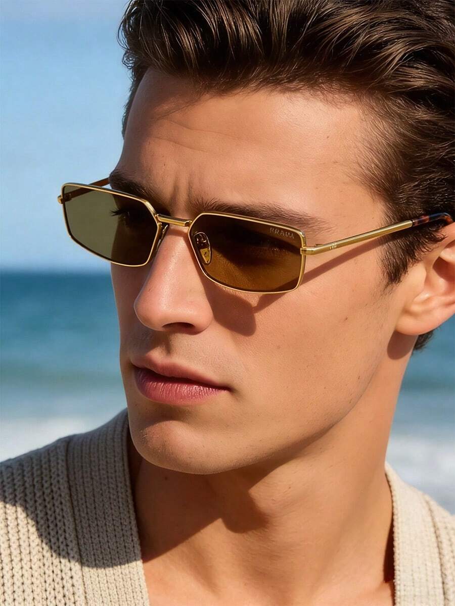 Prada Men's Large Square Frame, Black Acetate Frame, Luxurious Designer Style, Perfect For Summer Beach And Street Fashion. - Black - View 1