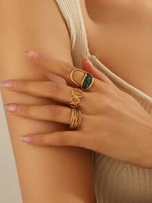 3pcs Stainless Steel Vintage Gold Open Ring Set, Inlaid With Blue Turquoise, Suitable For Women's Daily Wear Or Gift - Gold - View 6