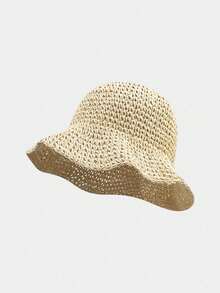 1顶女士卡其色波浪形沙滩遮阳帽，饰有仿珍珠和蝴蝶结，优雅沙滩旅行度假遮阳帽 - 蝴蝶 - 查看 9