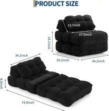 Silla convertible convertible con cojín y soporte lumbar – cómoda mecedora para el suelo, colchón diseño plegable - Negro - Ver 2