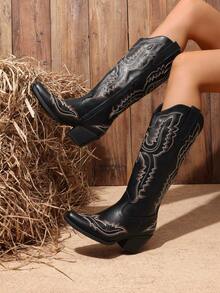 Cowboy Knee High Boots For Women Western Retro Embroidered Cowgirl Boots Fashion Narrow Square Toe Comfortable Vintage Side Zipper Tall Boots For Ladies - 黑色 - 查看 1
