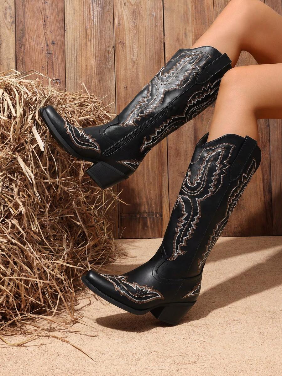 Cowboy Knee High Boots For Women Western Retro Embroidered Cowgirl Boots Fashion Narrow Square Toe Comfortable Vintage Side Zipper Tall Boots For Ladies - 黑色 - 查看 1