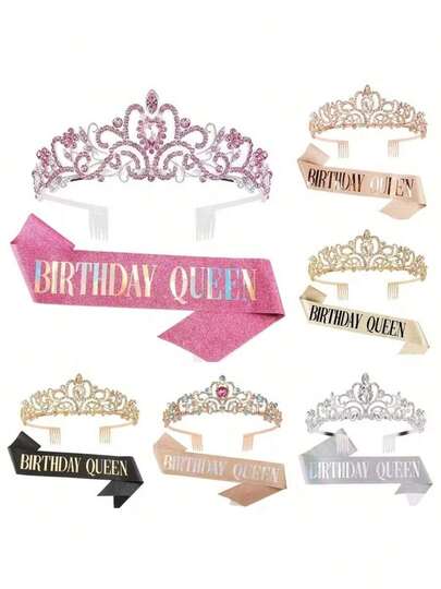 2pcs Birthday Party Supplies, Crystal Diamond Crown And Birthday Queen Sash, Suitable For Birthday Gifts And Party Decorations