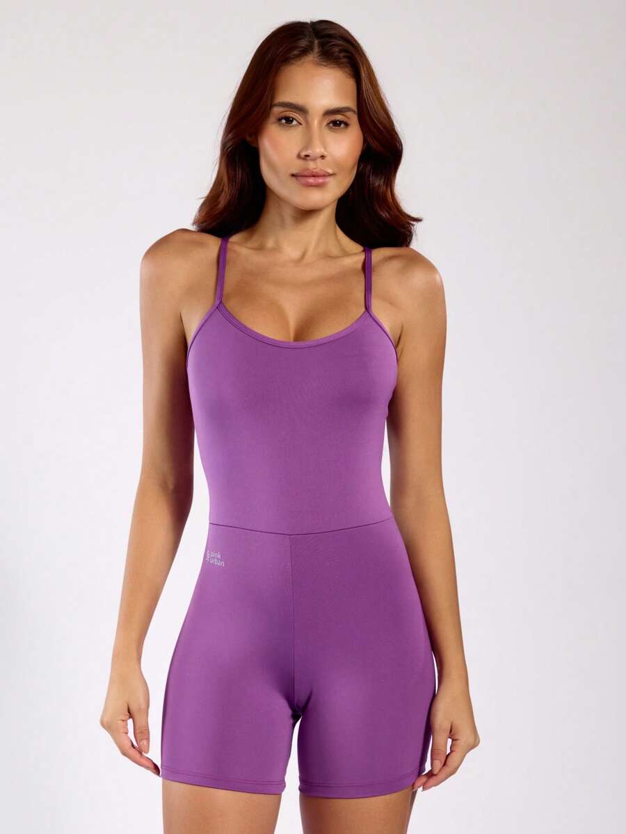 Fitness Jumpsuit With Bare Back Straps Slim Polyamide Zero Transparency Gym Crossfit Jumpsuit - Grape - Purple - View 1
