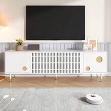TV Cabinet With A Grid-Like Structure, Concealed Handle, And Gold Finish. Living Room Furniture. Two Solid Wood Doors. - White - View 3