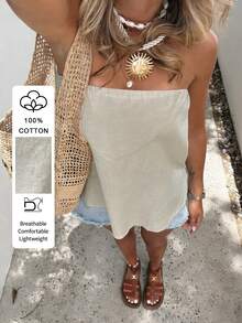 PoPoHouse 女士纯棉夏季优雅抹胸性感露背上衣，适合时尚休闲海滩度假派对日常外出穿着 - 卡其色 - 查看 1