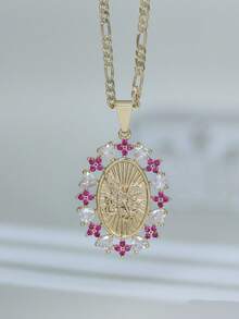 1pc 3D Hollow Virgin Mary, St. Jude, St. Michael Flower Stone Pendant Necklace, Suitable For Men And Women Daily Wear, Party, Prayer - Multicolor - View 6