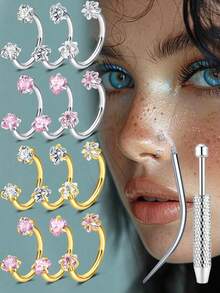 Bộ 4 khuyên mũi gồm [2 khuyên mũi + 1 dụng cụ nong lỗ xỏ + 1 dụng cụ gắp bi]. Khuyên mũi hình móng ngựa bằng thép không gỉ, đính đá Cubic Zirconia 3mm, dành cho nữ. Khuyên mũi cỡ 18G với các hình trái tim, ngôi sao và hình tròn. Thích hợp cho môi, lông mày, vành tai, hình móng ngựa, vách ngăn mũi và các vị trí xỏ khuyên khác. Đá Cubic Zirconia màu trắng và hồng. - Nhiều màu - Xem 1